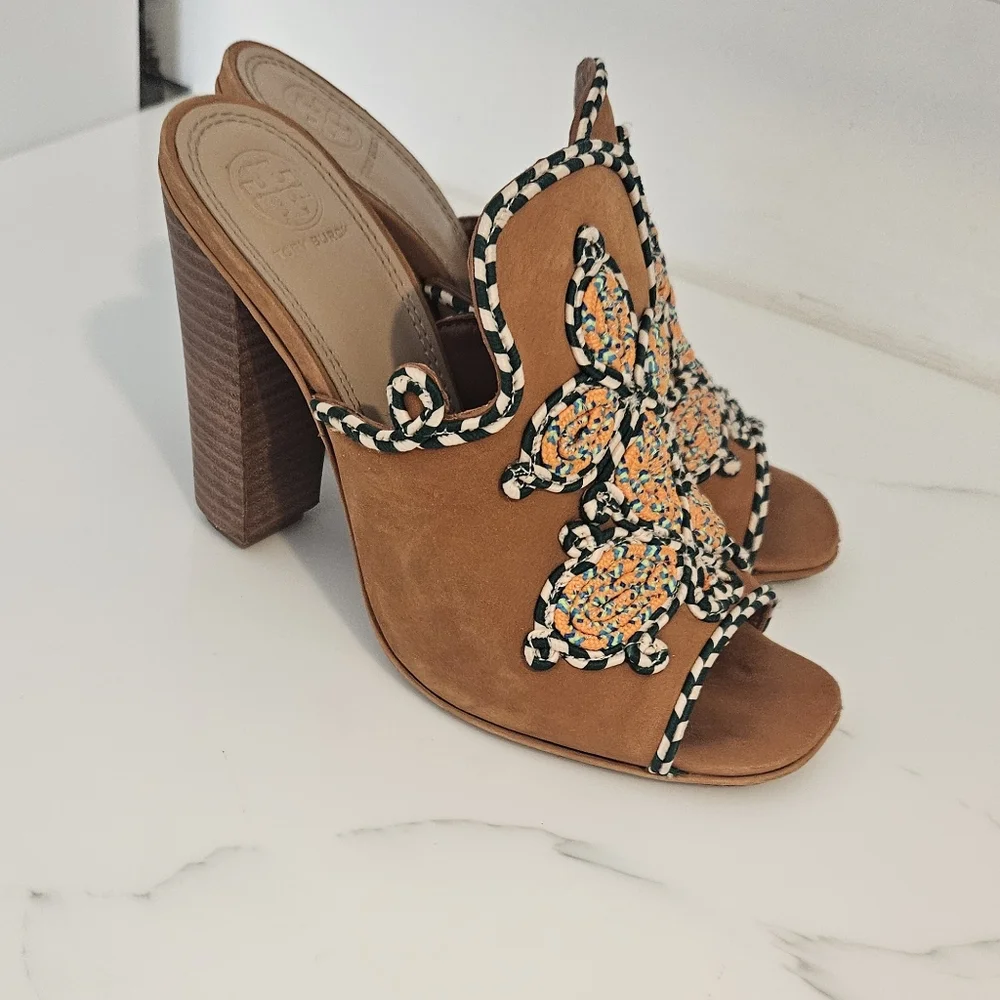 Tory Burch Palisade Embroidered Brown Mule Heels - Picture 7 of 9